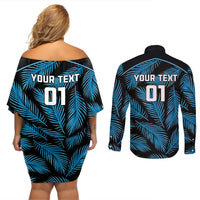 Custom Fiji Rugby Couples Matching Off Shoulder Short Dress and Long Sleeve Button Shirts Flying Fijians Blue Palm Tree Version LT01 - Polynesian Pride