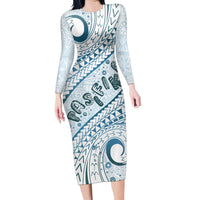 Pasifika Festival Family Matching Long Sleeve Bodycon Dress and Hawaiian Shirt Tribal Pattern Blue Version LT01 Mom's Dress Blue - Polynesian Pride