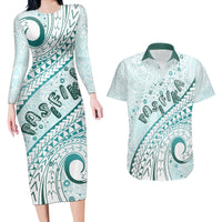 Pasifika Festival Couples Matching Long Sleeve Bodycon Dress and Hawaiian Shirt Tribal Pattern Teal Version LT01 Teal - Polynesian Pride