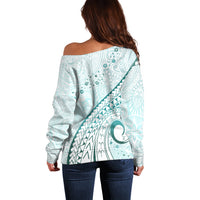 Pasifika Festival Off Shoulder Sweater Tribal Pattern Teal Version LT01