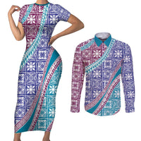 Hawaiian Quilt Pattern Couples Matching Short Sleeve Bodycon Dress and Long Sleeve Button Shirt Purple Blue Color Mixed - Polynesian Pride