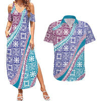 Hawaiian Quilt Pattern Couples Matching Summer Maxi Dress and Hawaiian Shirt Purple Blue Color Mixed - Polynesian Pride