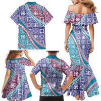Hawaiian Quilt Pattern Family Matching Mermaid Dress and Hawaiian Shirt Purple Blue Color Mixed - Polynesian Pride