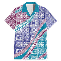 Hawaiian Quilt Pattern Family Matching Mermaid Dress and Hawaiian Shirt Purple Blue Color Mixed - Polynesian Pride