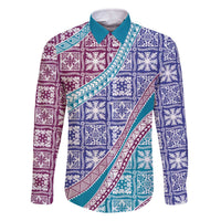 Hawaiian Quilt Pattern Family Matching Off The Shoulder Long Sleeve Dress and Hawaiian Shirt Purple Blue Color Mixed - Polynesian Pride