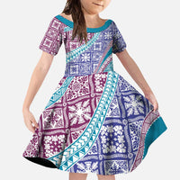 Hawaiian Quilt Pattern Family Matching Summer Maxi Dress and Hawaiian Shirt Purple Blue Color Mixed - Polynesian Pride