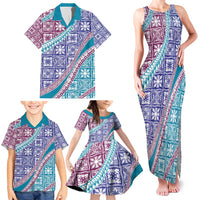Hawaiian Quilt Pattern Family Matching Tank Maxi Dress and Hawaiian Shirt Purple Blue Color Mixed - Polynesian Pride