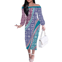 Hawaiian Quilt Pattern Off The Shoulder Long Sleeve Dress Purple Blue Color Mixed - Polynesian Pride