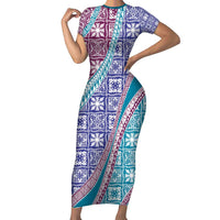 Hawaiian Quilt Pattern Short Sleeve Bodycon Dress Purple Blue Color Mixed - Polynesian Pride