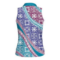 Hawaiian Quilt Pattern Women Sleeveless Polo Shirt Purple Blue Color Mixed - Polynesian Pride