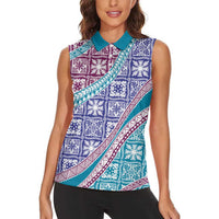 Hawaiian Quilt Pattern Women Sleeveless Polo Shirt Purple Blue Color Mixed - Polynesian Pride