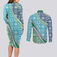 Hawaiian Quilt Pattern Couples Matching Long Sleeve Bodycon Dress and Long Sleeve Button Shirt Fresh Color Mixed - Polynesian Pride