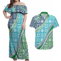 Hawaiian Quilt Pattern Couples Matching Off Shoulder Maxi Dress and Hawaiian Shirt Fresh Color Mixed - Polynesian Pride
