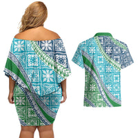 Hawaiian Quilt Pattern Couples Matching Off Shoulder Short Dress and Hawaiian Shirt Fresh Color Mixed - Polynesian Pride