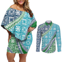 Hawaiian Quilt Pattern Couples Matching Off Shoulder Short Dress and Long Sleeve Button Shirt Fresh Color Mixed - Polynesian Pride