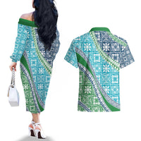 Hawaiian Quilt Pattern Couples Matching Off The Shoulder Long Sleeve Dress and Hawaiian Shirt Fresh Color Mixed - Polynesian Pride