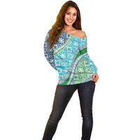 Hawaiian Quilt Pattern Off Shoulder Sweater Fresh Color Mixed - Polynesian Pride