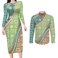 Hawaiian Quilt Pattern Couples Matching Long Sleeve Bodycon Dress and Long Sleeve Button Shirt Green Chestnut Color Mixed - Polynesian Pride