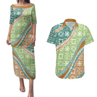 Hawaiian Quilt Pattern Couples Matching Puletasi and Hawaiian Shirt Green Chestnut Color Mixed - Polynesian Pride