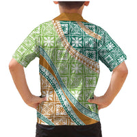 Hawaiian Quilt Pattern Family Matching Mermaid Dress and Hawaiian Shirt Green Chestnut Color Mixed - Polynesian Pride