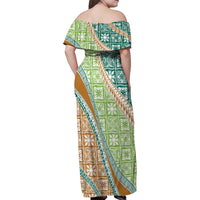 Hawaiian Quilt Pattern Family Matching Off Shoulder Maxi Dress and Hawaiian Shirt Green Chestnut Color Mixed - Polynesian Pride