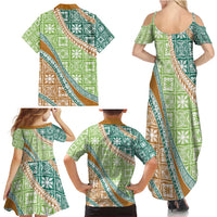 Hawaiian Quilt Pattern Family Matching Summer Maxi Dress and Hawaiian Shirt Green Chestnut Color Mixed - Polynesian Pride
