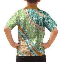 Hawaiian Quilt Pattern Family Matching Tank Maxi Dress and Hawaiian Shirt Green Chestnut Color Mixed - Polynesian Pride