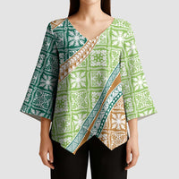 Hawaiian Quilt Pattern Kimono Sleeve Blouse Green Chestnut Color Mixed - Polynesian Pride