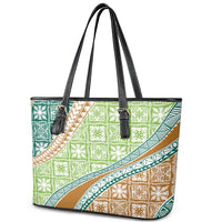 Hawaiian Quilt Pattern Leather Tote Bag Green Chestnut Color Mixed - Polynesian Pride