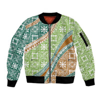 Hawaiian Quilt Pattern Sleeve Zip Bomber Jacket Green Chestnut Color Mixed - Polynesian Pride