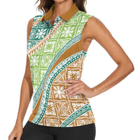 Hawaiian Quilt Pattern Women Sleeveless Polo Shirt Green Chestnut Color Mixed - Polynesian Pride