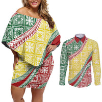 Hawaiian Quilt Pattern Couples Matching Off Shoulder Short Dress and Long Sleeve Button Shirt Special Color Mixed - Polynesian Pride