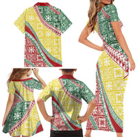 Hawaiian Quilt Pattern Family Matching Short Sleeve Bodycon Dress and Hawaiian Shirt Special Color Mixed - Polynesian Pride