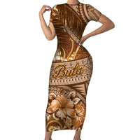 Personalised Fiji Masi Family Matching Short Sleeve Bodycon Dress and Hawaiian Shirt Bula Fijian Masi Tapa Vintage Style LT01 Mom's Dress Brown - Polynesian Pride