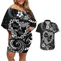 Polynesian Turtle Valentine Couples Matching Off Shoulder Short Dress and Hawaiian Shirt You And Me Hibiscus Heart LT01 Black - Polynesian Pride