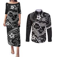 Polynesian Turtle Valentine Couples Matching Puletasi and Long Sleeve Button Shirt You And Me Hibiscus Heart LT01 Black - Polynesian Pride