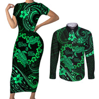 Polynesian Turtle Valentine Couples Matching Short Sleeve Bodycon Dress and Long Sleeve Button Shirt You And Me Green Hibiscus Heart LT01 Green - Polynesian Pride