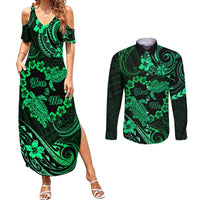 Polynesian Turtle Valentine Couples Matching Summer Maxi Dress and Long Sleeve Button Shirt You And Me Green Hibiscus Heart LT01 Green - Polynesian Pride