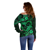 Polynesian Turtle Valentine Off Shoulder Sweater You And Me Green Hibiscus Heart LT01 - Polynesian Pride