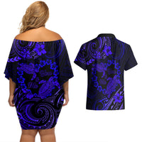 Polynesian Turtle Valentine Couples Matching Off Shoulder Short Dress and Hawaiian Shirt You And Me Navy Blue Hibiscus Heart LT01 - Polynesian Pride