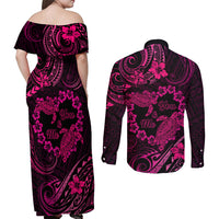 Polynesian Turtle Valentine Couples Matching Off Shoulder Maxi Dress and Long Sleeve Button Shirt You And Me Pink Hibiscus Heart LT01 - Polynesian Pride