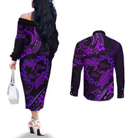 Polynesian Turtle Valentine Couples Matching Off The Shoulder Long Sleeve Dress and Long Sleeve Button Shirt You And Me Purple Hibiscus Heart LT01 - Polynesian Pride