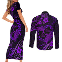 Polynesian Turtle Valentine Couples Matching Short Sleeve Bodycon Dress and Long Sleeve Button Shirt You And Me Purple Hibiscus Heart LT01 - Polynesian Pride