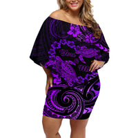 Polynesian Turtle Valentine Off Shoulder Short Dress You And Me Purple Hibiscus Heart LT01 Women Purple - Polynesian Pride