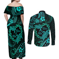 Polynesian Turtle Valentine Couples Matching Off Shoulder Maxi Dress and Long Sleeve Button Shirt You And Me Turquoise Hibiscus Heart LT01 - Polynesian Pride