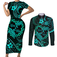 Polynesian Turtle Valentine Couples Matching Short Sleeve Bodycon Dress and Long Sleeve Button Shirt You And Me Turquoise Hibiscus Heart LT01 Turquoise - Polynesian Pride