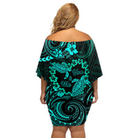 Polynesian Turtle Valentine Off Shoulder Short Dress You And Me Turquoise Hibiscus Heart LT01 - Polynesian Pride