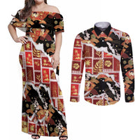 Hawaii Japanese Culture Black Couples Matching Off Shoulder Maxi Dress and Long Sleeve Button Shirt Spring Cranes Aloha Pattern LT01 Black - Polynesian Pride