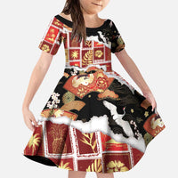 Hawaii Japanese Culture Black Family Matching Puletasi and Hawaiian Shirt Spring Cranes Aloha Pattern LT01 Daughter's Dress Black - Polynesian Pride