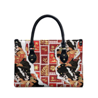 Hawaii Japanese Culture Black Leather Bag Spring Cranes Aloha Pattern